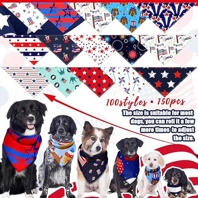 Huhumy 150 Pcs 250th Anniversary Dog Bandanas 4th of July Patriotic Pet Bandanas Bulk Independence Day Triangle Pet Bibs Scarf for Medium Large Dog 4th of July 250th Festival Decor
