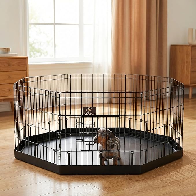 PJYuCien Octagonal Dog Playpen with Bottom Pad - Metal Foldable Exercise Pen, 8 Panels 24" H x 24" W Indoor Outdoor Pet Fence Puppy Crate Kennel, Black