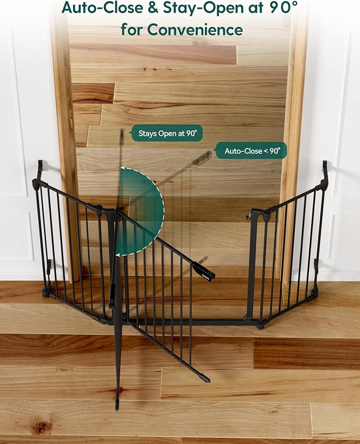 Babelio 72" Extra Wide Baby Gate, 30” Tall Auto Close Dog Fence for Stairs Kitchen Doorways Fireplace, Hardware Mounted Pet Gate Indoor, Foldable 3 Metal Panels, AdaptiZone Series, Black