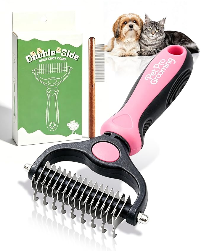 Pet Pro Grooming Tool, Dematting Comb for Dogs and Cats, Deshedding Dog Brush, Undercoat Rake for Dogs, Removes Tangles Knots and Loose Fur, Grooming Tool for Thick Coats (Pink)