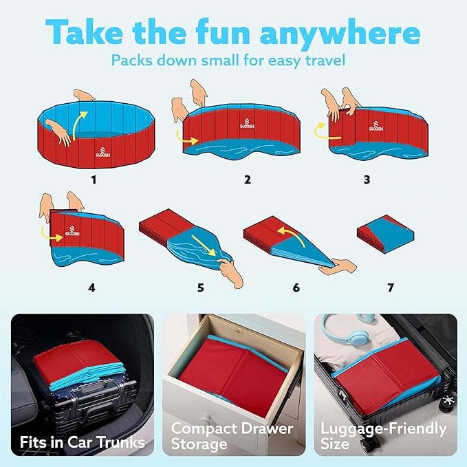 Sloosh Foldable Dog Pool - Portable Hard Plastic Doggie Swimming Pool, Anti-Slip Collapsible Pets Bath Tub Suitable for Indoor Outdoor Backyard Use (Red, 71" x 12")