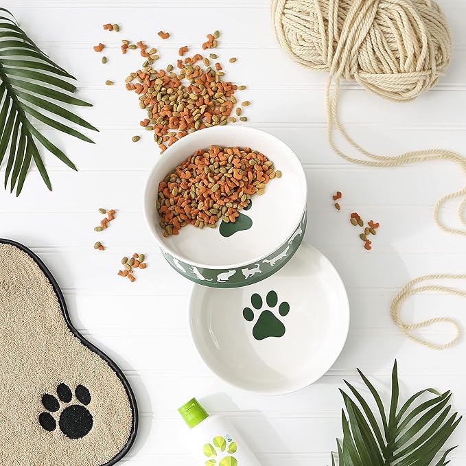 Bone Dry Ceramic Cat Bowls, Microwave & Dishwasher Safe, Large Set, 7.5x2.4, Hunter Green, 2 Count
