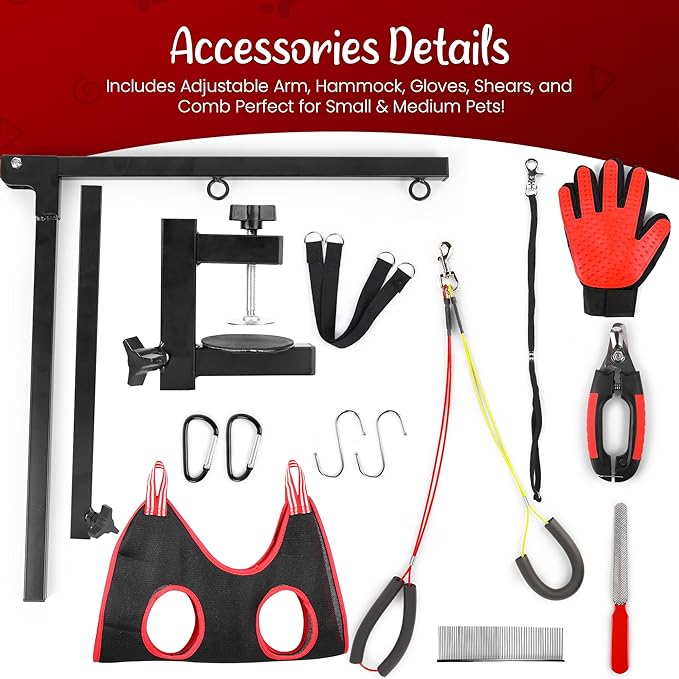 Dog Grooming Arm with Clamp & Pet Grooming Hammock | 4 Extra Bundles | Dog Grooming Stand with Grooming Gloves, Shears & Comb & Nail File | Grooming Table Arm with Adjustable No Sit Haunch Holders