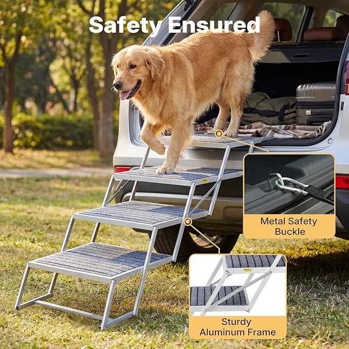 Veehoo Extra Wide Dog Steps for Car SUV Truck Foldable, 5 Steps Portable Aluminum Dog Stairs for Injured Senior Large Dogs 20" Wide, Heavy Duty Pet Ramp Ladder with Non Slip Surface, up to 170lbs