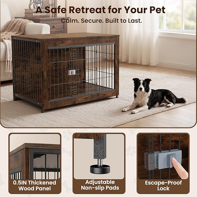Wooden Dog Crate Furniture, 38in Dog Cage Furniture with Slide Safety Latch, Indoor Decorative End Table for High Anxiety Dogs, Furniture Style Dog Crate for Medium to Large Dogs, Aged Black