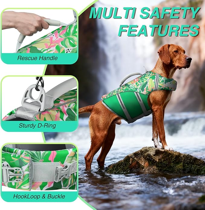 VIVAGLORY Sports Style Dog Life Vest, Dog Life Jacket for Swimming & Boating, Ripstop & Buoyancy for Puppy Doggy, Lifejacket with Handle, S, Floral