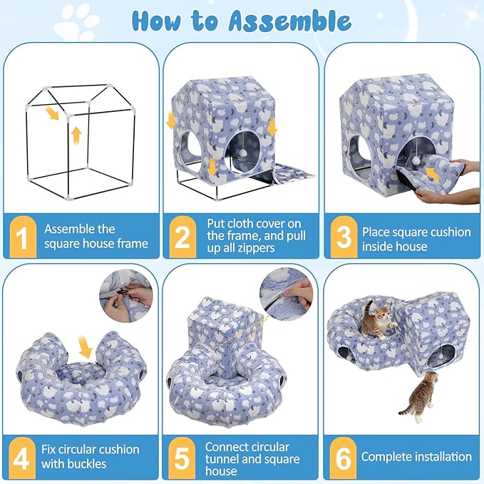 Pawaboo Cat Tunnel Bed for Indoor Cats, Cute Cat Donut Tunnel with Square House, Peekaboo Pet Cave Play Tunnels with Cave for Kitten/Rabbit, Basic Soft Blue