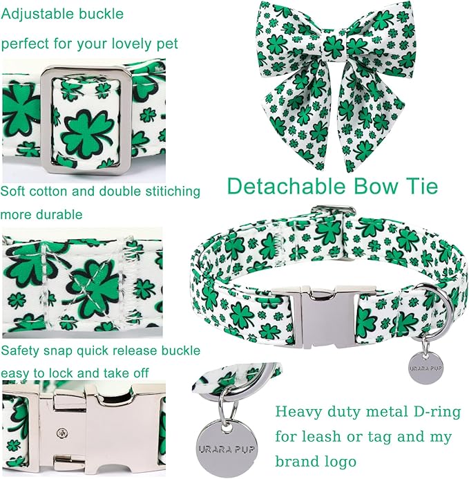 St. Patrick's Day Dog Collar with Bow Tie, Lucky Shamrock Bowtie Collar Adjustable for Girl Boy Dog, Trefoil Dog Collar Durable, Spring Green Collar for Dogs, M