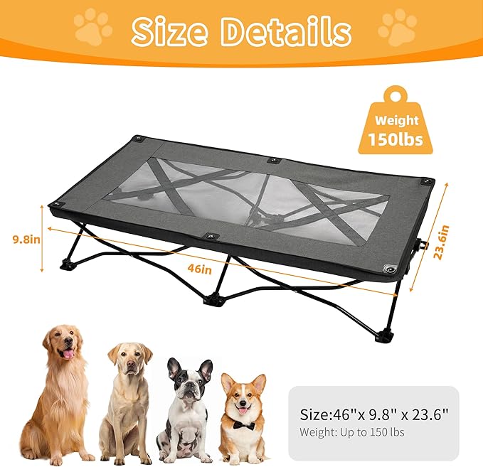 Elevated Dog Bed with Breathable Mesh, Portable Folding Dog Cot Bed Raised Cooling Pet Cot with No-Slip Feet & Carrying Bag Perfect for Travel, Camping, Backyard Outdoor Indoor Use