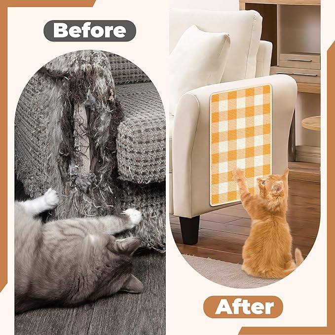 Cat Scratcher Mat, Natural Sisal Cat Scratch Pad, 23.6x15.7 Inch Horizontal Cat Floor Scratching Pads Rug with Hook & Loop to Protect Couch & Carpets & Sofas（Orange White）