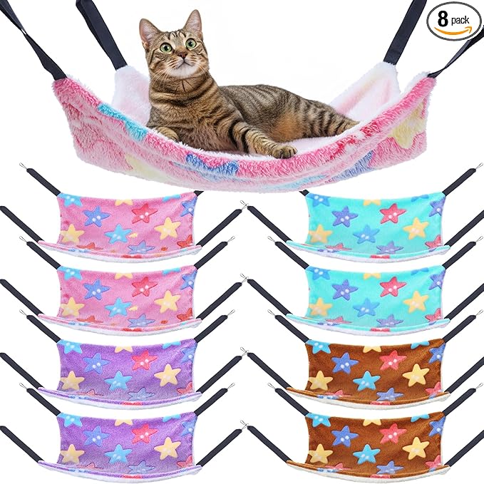 8 Pcs Cat Hammock for Cage, Pet Hammock Bed, Reversible Hanging Cat Hammocks Soft Bed, with Straps and Metal Hooks for Kitten Indoor Puppy Rabbits Feral Animals Shelters(Starfish Style)