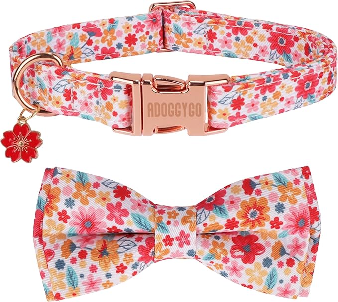 ADOGGYGO Floral Dog Collar with Bow, Metal Buckle, Adjustable Red Pink Pet Flower Collar for Medium Dogs (Medium)
