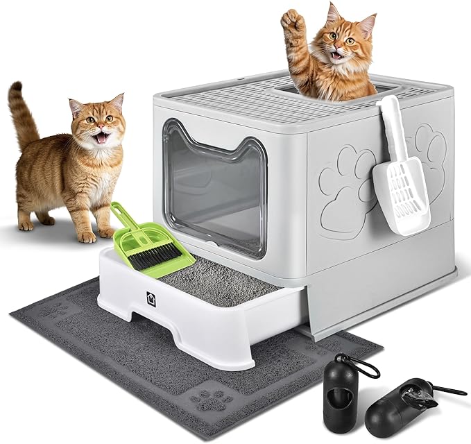 Covered Cat Litter Box with Litter Mat, Foldable Extra Large Dual Entry Adjustable Door, Drawer Design Enclosed Kitty Litter Box, Odor Control Anti-Splashing Easy Cleaning (Pale Grey)