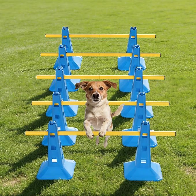 Dog Agility Hurdle Cone Set, Dog Agility Course Backyard Set with Height Adjustable Crossbar for Rehabilitation & Beginners, Dog Agility Equipment for Obstacle Courses,4 Height Levels (10 Pack