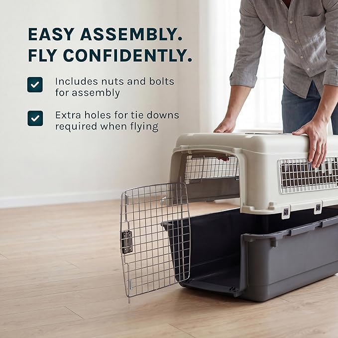 SportPet Airline Compliant XXX-LARGE 48" Travel Dog Kennel-Durable Plastic Airline Pet Carrier w/Removable Wheels & Food Bowls, Collapsible Indoor/Outdoor Dog Kennel, Dogs up to 44"L & 33"H-Cream/Gray