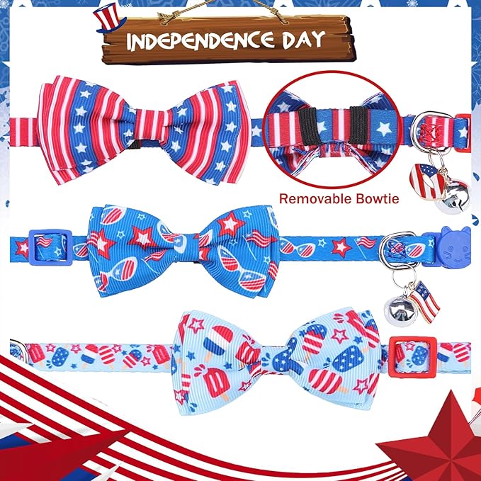 PUPTECK Cat Collar Breakaway with Bells, Kitten Collar Outfit Adjustable for Girl Boy Small Pet Puppy Bunny, Cute Costume Accessory with Safety Release Buckle (Bowtie-Independence Day)
