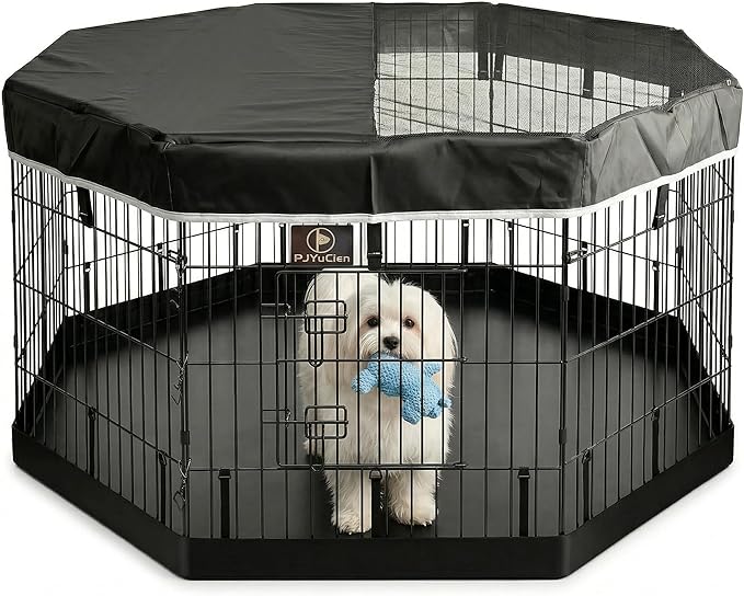 PJYuCien Octagonal Dog Playpen with Top Cover and Bottom Pad - Metal Foldable Exercise Pen, 8 Panels 24" H x 24" W Indoor Outdoor Pet Fence Puppy Crate Kennel, Black