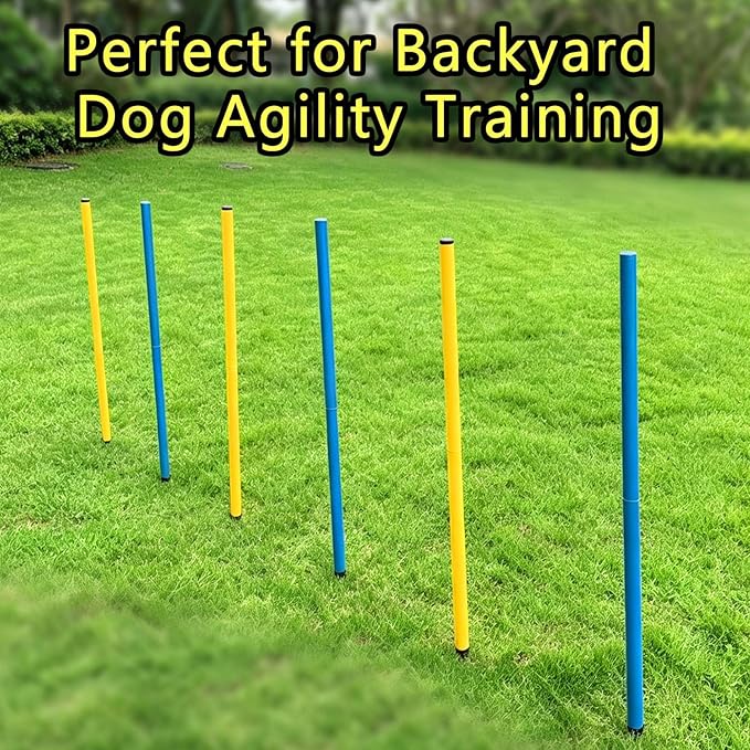 Dog Agility Weave Poles Set, 6-Piece Durable Slalom Weave Poles with Ground Stakes, Portable Obstacle Course Equipment for Puppies & Adult Dogs, Backyard Agility Training