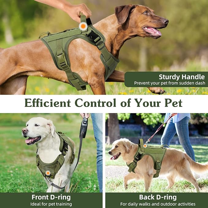 VavoPaw Heavy Duty Tactical Dog Harness for Small Dogs, No Pull Adjustable Pet Harness Reflective Service Training Easy Control Pet Vest Military K9 Working Dog Harnesses, Army Green, S