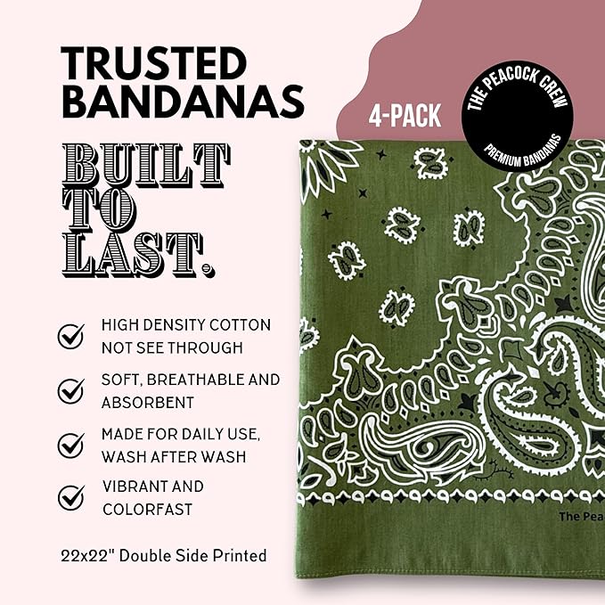 The Peacock Crew Premium Soft Cotton Bandanas Pack for Men and Women Paisley 22 x 22 inches