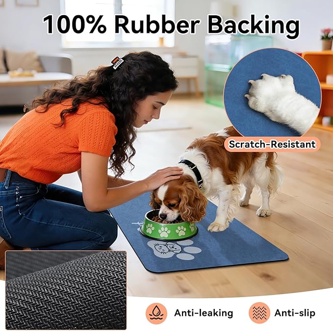 Dog Cat Feeding Mat-Absorbent Pet Bowl Mat for Food and Water, Quick Dry Water Dispenser Mat for Floors with Waterproof Rubber Backing, Puppy Cat Placemat Mats for Messy Drinkers,16"x24",Blue