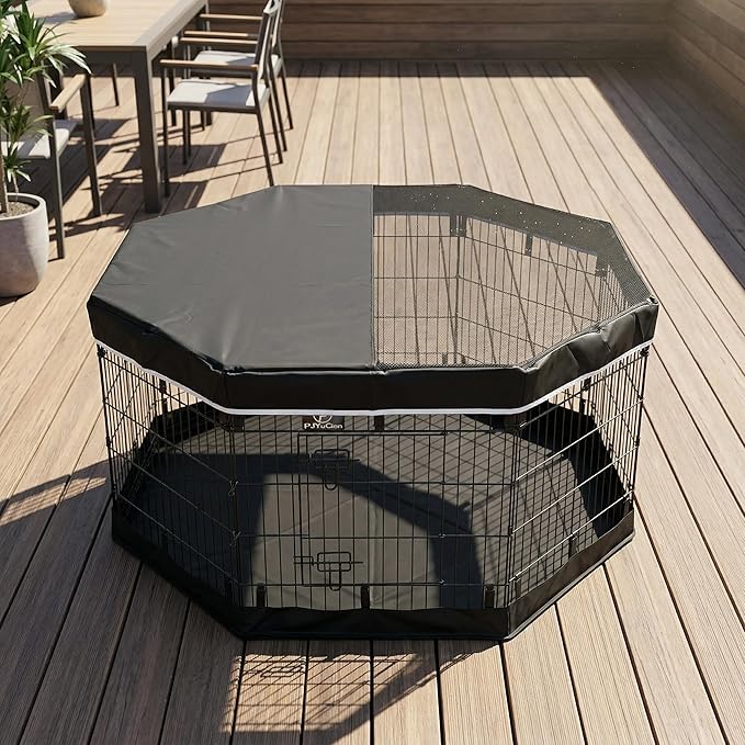 PJYuCien Octagonal Dog Playpen with Top Cover and Bottom Pad - Metal Foldable Exercise Pen, 8 Panels 30" H x 24" W Indoor Outdoor Pet Fence Puppy Crate Kennel, Black