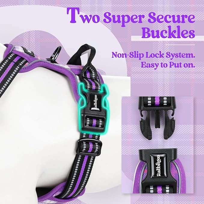 rabbitgoo Dog Harness No Pull with 2 Leash Clips, Adjustable Soft Padded, Reflective Oxford No Choke Pet Vest with Easy Control Handle for Large Dogs, Purple Plaid, L