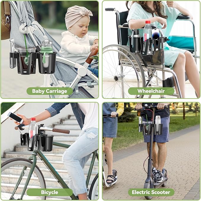 KDD Stroller Cup Holder with Phone Holder, 3-in-1 Removable Bottle Holder, 360 Degrees Rotation Drink Holder for Wheelchair, Stroller, Bike, Walker, Scooter, Bicycle, Uppababy, Bugaboo, Britax
