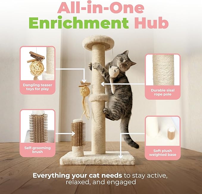 Best Pet Supplies Catify Cat Scratcher, Fun Interactive Scratchers, Posts, Poles, Claw Safe, Furniture Saver Indoor Play Support Natural Cat Behaviors Heavy Duty - Beige Scratching Post - H: 33"