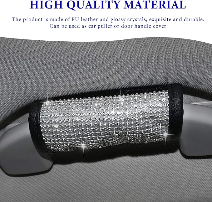 Wevdn 2 PCS Car Grab Handle Cover, Bling Rhinestone Handcraft Auto Door Handle Protector, Soft PU Leather Seat Belt Covers for Women Girls, Interior Accessories for Most Cars (White)