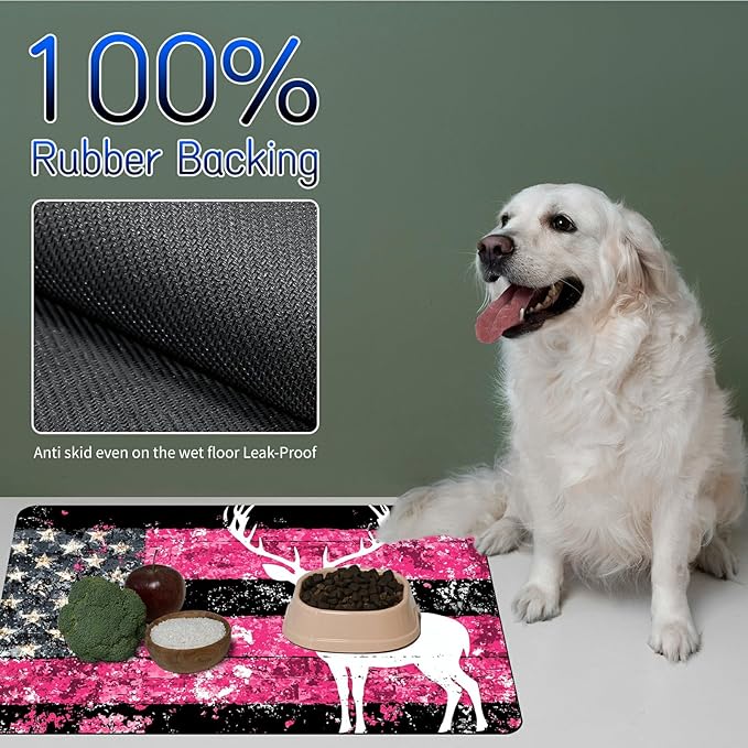 Dog Food Mat, 19.6" x 23.6" Absorbent Pet Feeding Mat for Food and Water, Waterproof Diatom Mud Pet Placemat with Non-Slip Rubber Backing, Easy Clean Cat Bowl Mat for Floors - Pink Flag Deer
