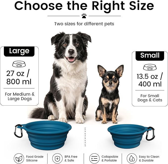 OHMO Large Collapsible Dog Bowls, (2 Pack 27oz/800ml) Premium Silicone Portable Travel Water Food Foldable Bowls Pet Feeding Bowl for Outdoor Camping Hiking