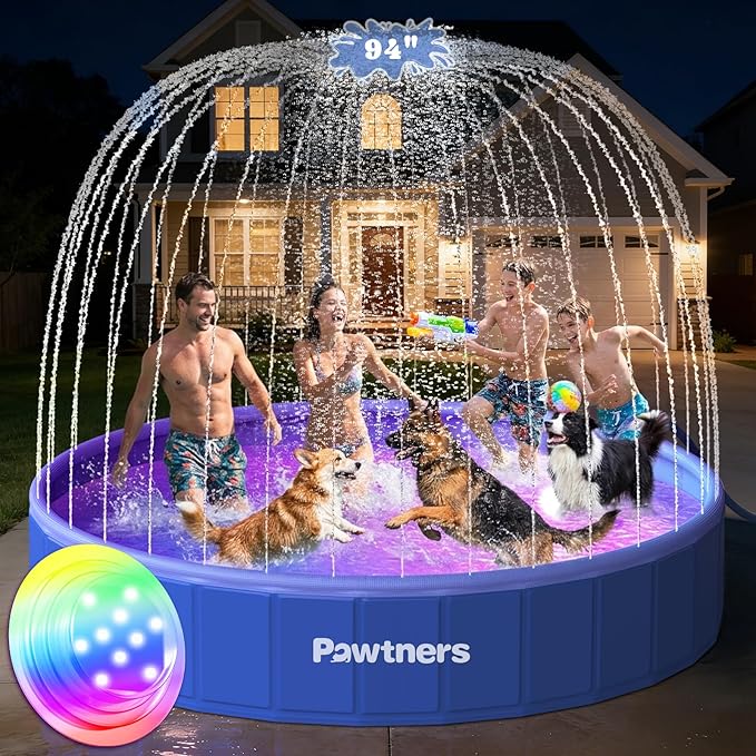 Pawtners 94" Foldable Dog Pool with Sprinkler & RGB LED Light, Collapsible Hard Plastic Swimming Pool for Small Large Dogs Cats and Kids, Portable Pet Bathing Tub Wading Pool for Backyard Camping Blue