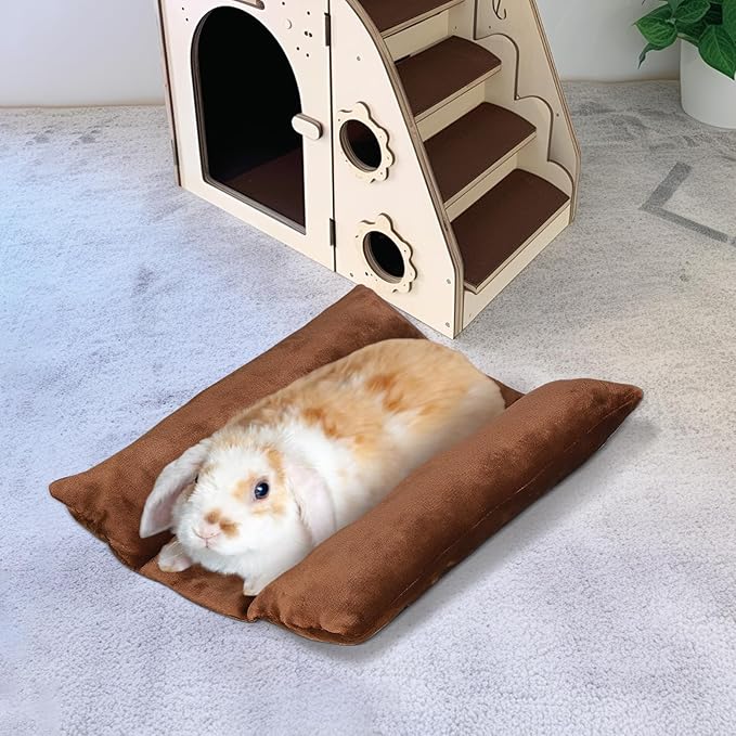 MEWTOGO 15.7" x 14" Bunny Bed for Rabbit Cage - Thickened Soft Prevent Sore Hocks Plush Mat with Cotton Lounger Pillows, Small Animal Flop Mat for Hutch Sleeping Indoor, Brown