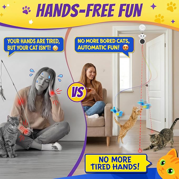 Interactive Cat Toys for Indoor Cats - 2 in 1 Automatic Cat Toy with Feather Flying Bird, Smart Moving Mouse Wand Toy, Auto On/Off Hanging Toys for Bored Kitten & Adult Cats(Grey)