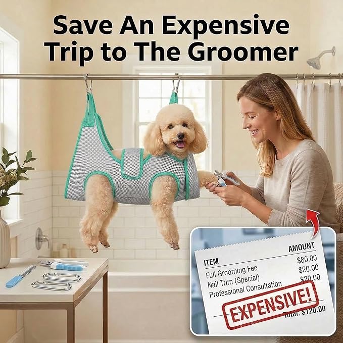 Dog Grooming Hammock, Adjustable Restraint Sling for Nail Trimming, Hands-Free Grooming Harness for Easy Bathing, Haircuts & Claw Care at Home, Grey S