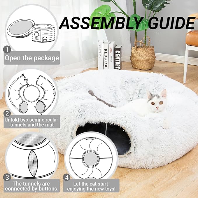 Warm Fluffy Plush Cat Dog Tunnel Bed Under Christmas Tree Big Tube Playground Toys 3 FT Diameter Longer Crinkle Collapsible 3 Way, for Indoor Cat Kitty Kitten Puppy Rabbit Ferret White