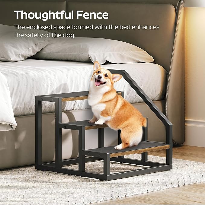YATINEY Dog Stairs for Small Dogs, 3-Steps Dog Steps for High Beds and Couch, 20.5”H Pet Steps with Non-Slip, Rustic Brown and Black LT11BR