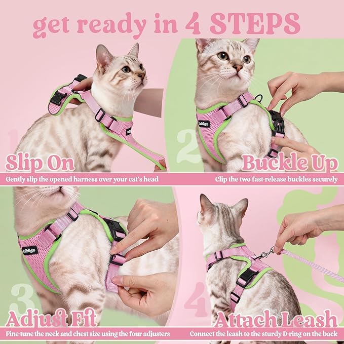 rabbitgoo Cat Harness and Leash Set, Escape Proof Kitten Harness for Safe Outdoor Walks, Soft Breathable Adjustable Vest with Reflective Strips for Kittens and Small Cats, Pink & Light Green, XS