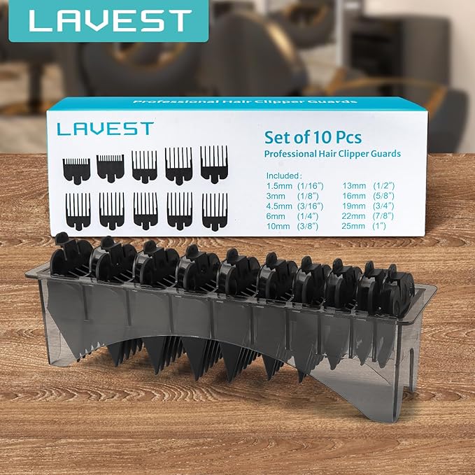 Clipper Guards Set Compatible with Most Wahl Clippers with Holder, Clipper Guides Replacement - 1/16" to 1", 10 Piece Set, Black Color