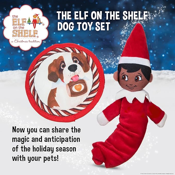 The Elf on the Shelf 2pc Dog Toy Set with Elastic Scout Elf + Elf Pets Saint Bernard Plush Flattie Disk, Squeaky Dog Toys | Bungee Dog Toys for Tug | Stocking Stuffers for Dogs