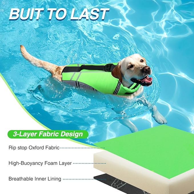 VIVAGLORY Sports Style Dog Life Vest, Dog Life Jacket for Swimming & Boating, Ripstop & Buoyancy for Puppy Doggy, Lifejacket with Handle, L, Bright Green