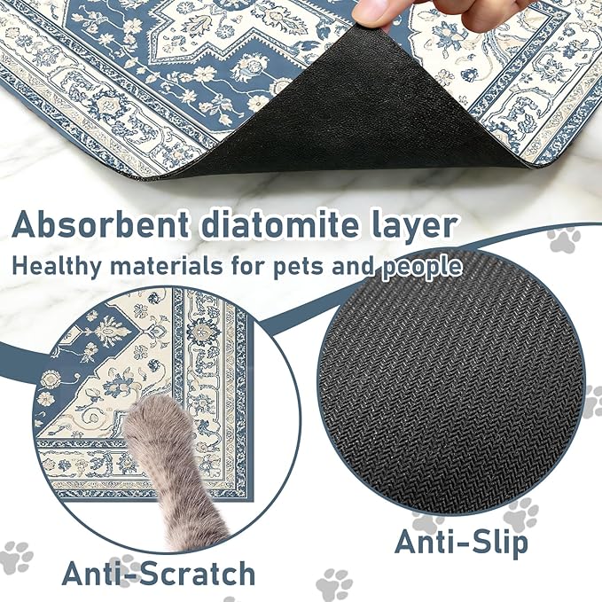 Pet Mats for Food and Water, Vintage Blue Boho Dog Food Mat for Floors, Non Slip Indoor Quick Dry Cat Bowl Feeding Mats (16.9” X29.9”)