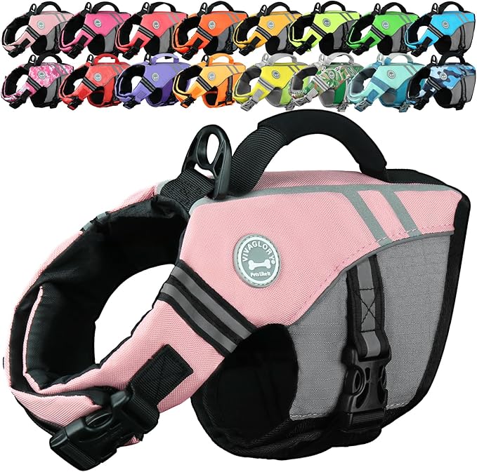 VIVAGLORY Sports Style Dog Life Vest, Dog Life Jacket for Swimming & Boating, Ripstop & Buoyancy for Puppy Doggy, Lifejacket with Handle, XS, Sakura Pink