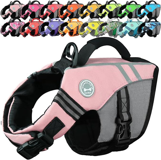 VIVAGLORY Sports Style Dog Life Vest, Dog Life Jacket for Swimming & Boating, Ripstop & Buoyancy for Puppy Doggy, Lifejacket with Handle, XS, Sakura Pink
