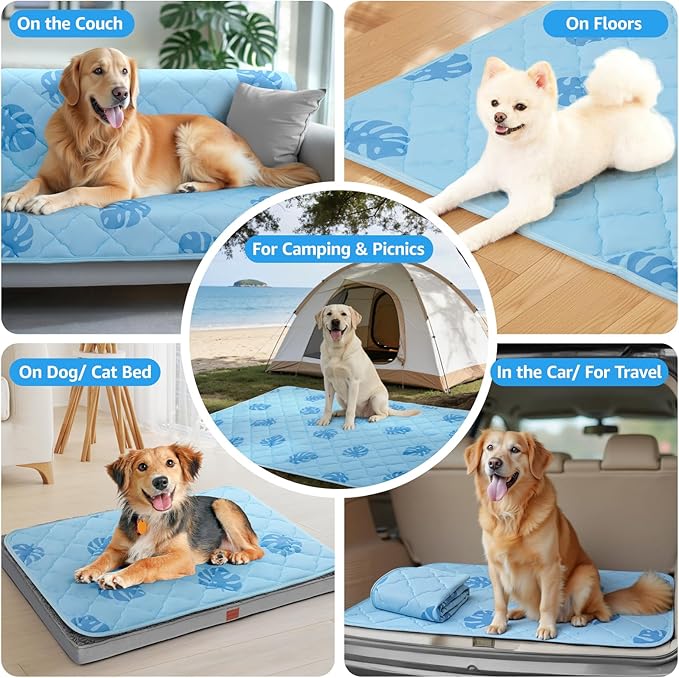 LOOBANI Dog Cooling Mat for Large Dogs - 56"x36" Pet Cooling Mat with Anti-Slip Bottom, Waterproof Self-Cooling Dog Pad for Crate, Floor & Car, Grey Monstera (Blue, 56"x36")
