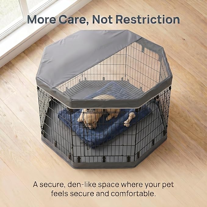 PJYuCien Octagonal Dog Playpen with Top Cover and Bottom Pad - Metal Foldable Exercise Pen, 8 Panels 36" H x 24" W Indoor Outdoor Pet Fence Puppy Crate Kennel, Gray