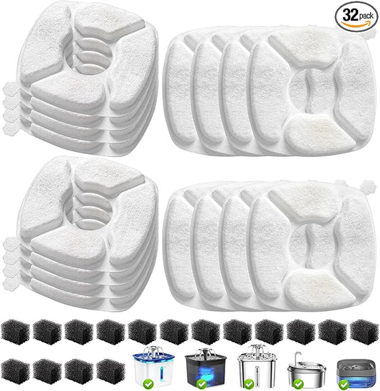 32 Pcs Cat Water Fountain Replacement Filters-16 Pack Cat Fountain Filters with 16 Pack Sponges, Enhanced Compatibility Pet Fountain Filter Fit for 95oz/2.8L 135oz/4L 67oz/2L Pet Drinking Fountain