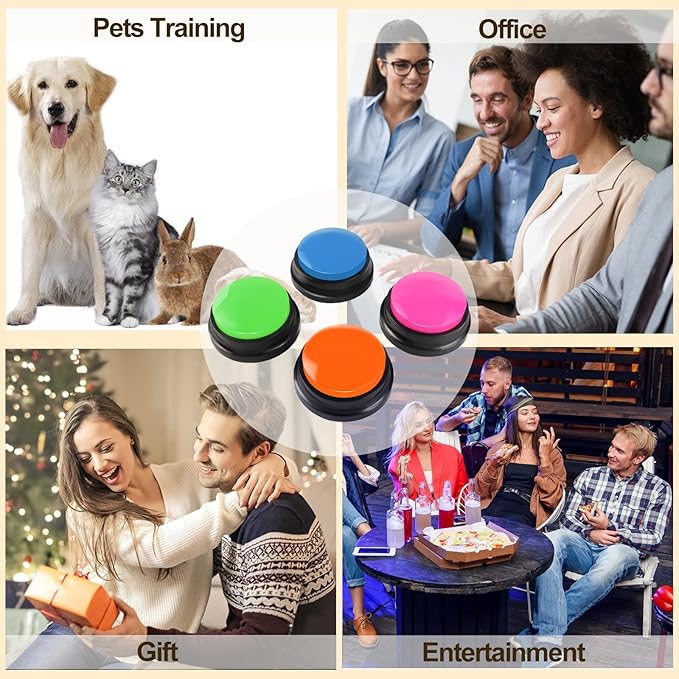 Voice Recording Button, Dog Buttons for Communication Pet Training Buzzer, 30 Second Record & Playback, Funny Gift for Study Office Home 4 Packs (Rose Red + Dark Blue + Green + Orange)