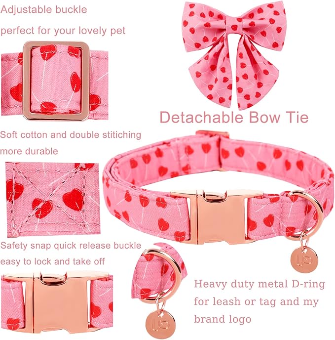 Valentine Dog Collar with Bow Tie, Valentine Bowtie Collar for Large Girl Dog, Cotton Collar with Durable Metal Buckle, Valentine’s Gift Pet Collar, L, Red Heart